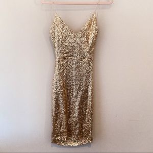 Akira Chicago Red label mini party dress. Gold sequin. Backless. Spaghetti strap